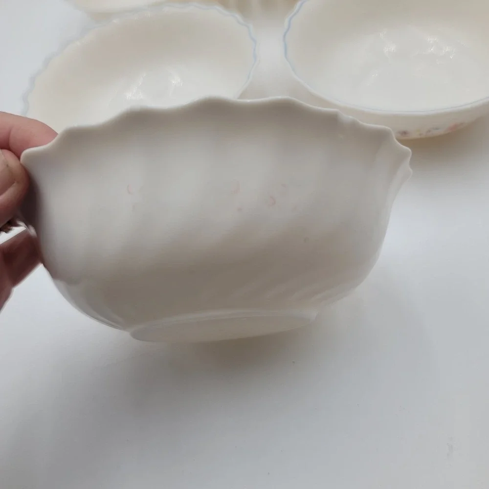 5 Arcopal France Victoria Floral Milk Glass Cereal Bowls Scalloped FADED